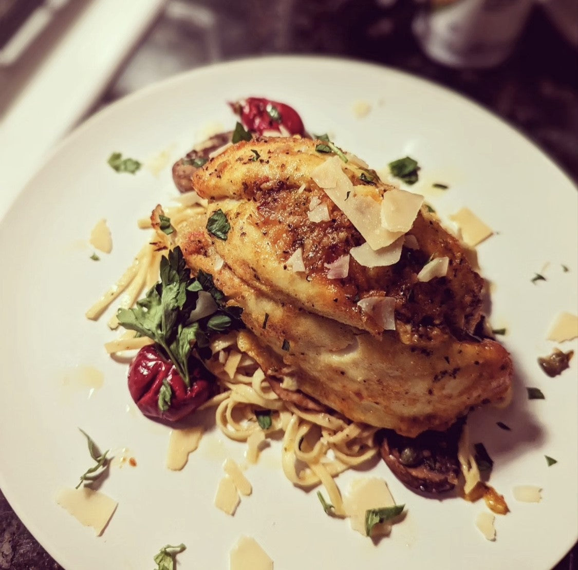 Mushroom and Red Pepper Flounder: Lemon Butter Garlic Sauce